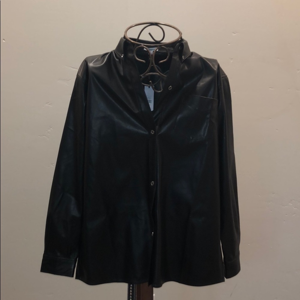 WeWoreWhat black faux leather button-up
